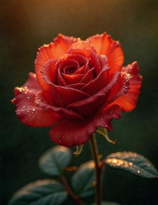 The primary subject of the image is a single red rose. The rose is sitting in a vase, and it appears to be wet, possibly due to rain or dew. The setting is a garden, and the visual style is a close-up of the rose. The dominant colors in the image are red and orange, creating a warm and vibrant atmosphere.